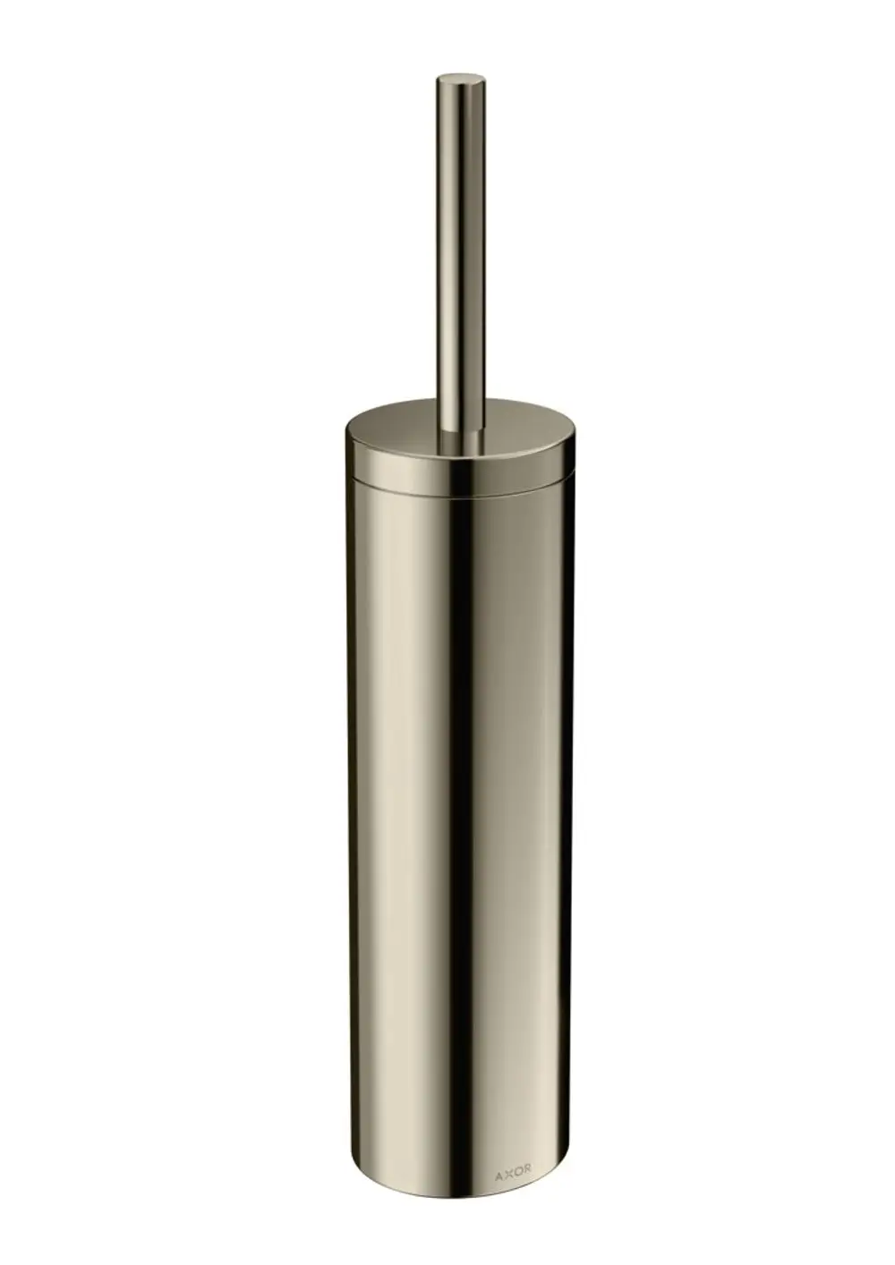 Toilettenbürstenhalter aus poliertem Nickel, zylindrisches Design, montierbar an der Wand, mit dem Logo der Marke AXOR sichtbar.